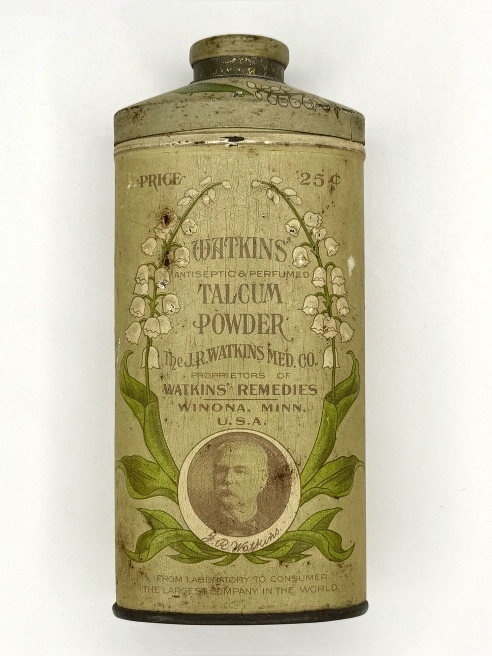 Antique 1906 J.R. Watkins Talcum Powder Tin 25₵ FULL SIZE 5.5” Litho Art Nouveau